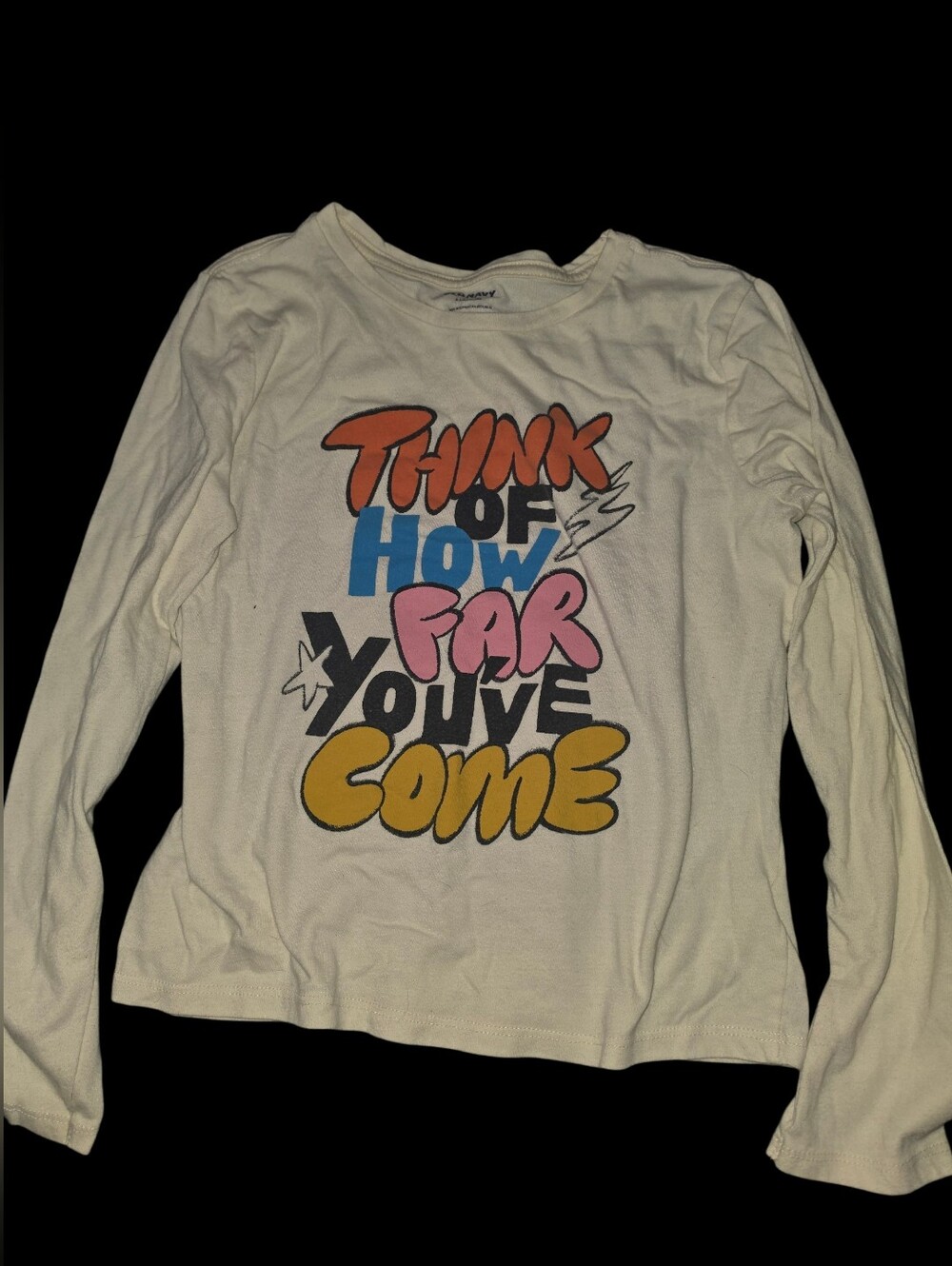 9/8/94. Girls Old Navy Cream Long Sleeve Graphic Tee with Multicolor Lettering